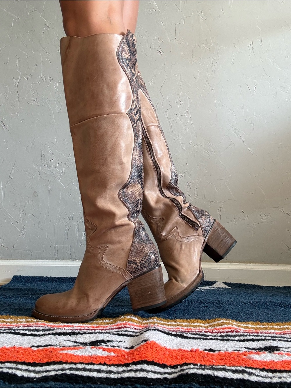 Freebird by Steven Tan Leather Over-the-Knee Boots with Snake-Print Panels